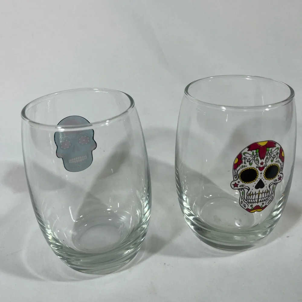 SUGAR SKULL DAY OF THE DAY HALLOWEEN 5” STEMLESS WINE‎ GLASSES SET 2 BLUE/WHITE